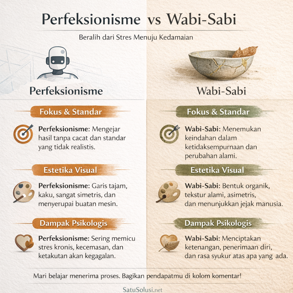 Tabel perbandingan perbedaan antara gaya hidup perfeksionisme dan Filosofi Wabi-Sabi.