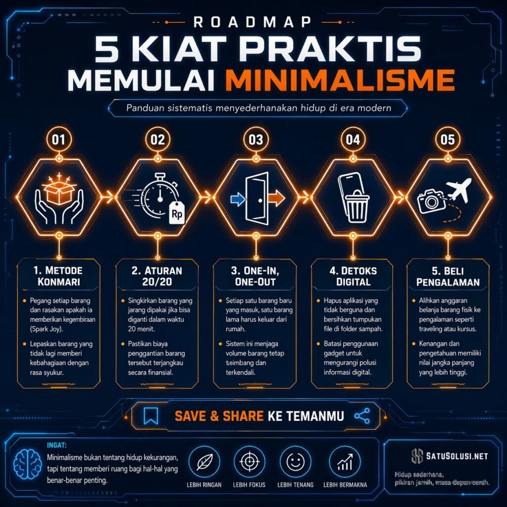 Hidup Minimalis di Era Konsumtif: Filosofi, Kiat Praktis, dan Transformasi Mental-Finansial 2 Infografis daftar taktis 5 kiat praktis untuk memulai gaya hidup minimalis, dari metode KonMari hingga aturan satu masuk satu keluar.