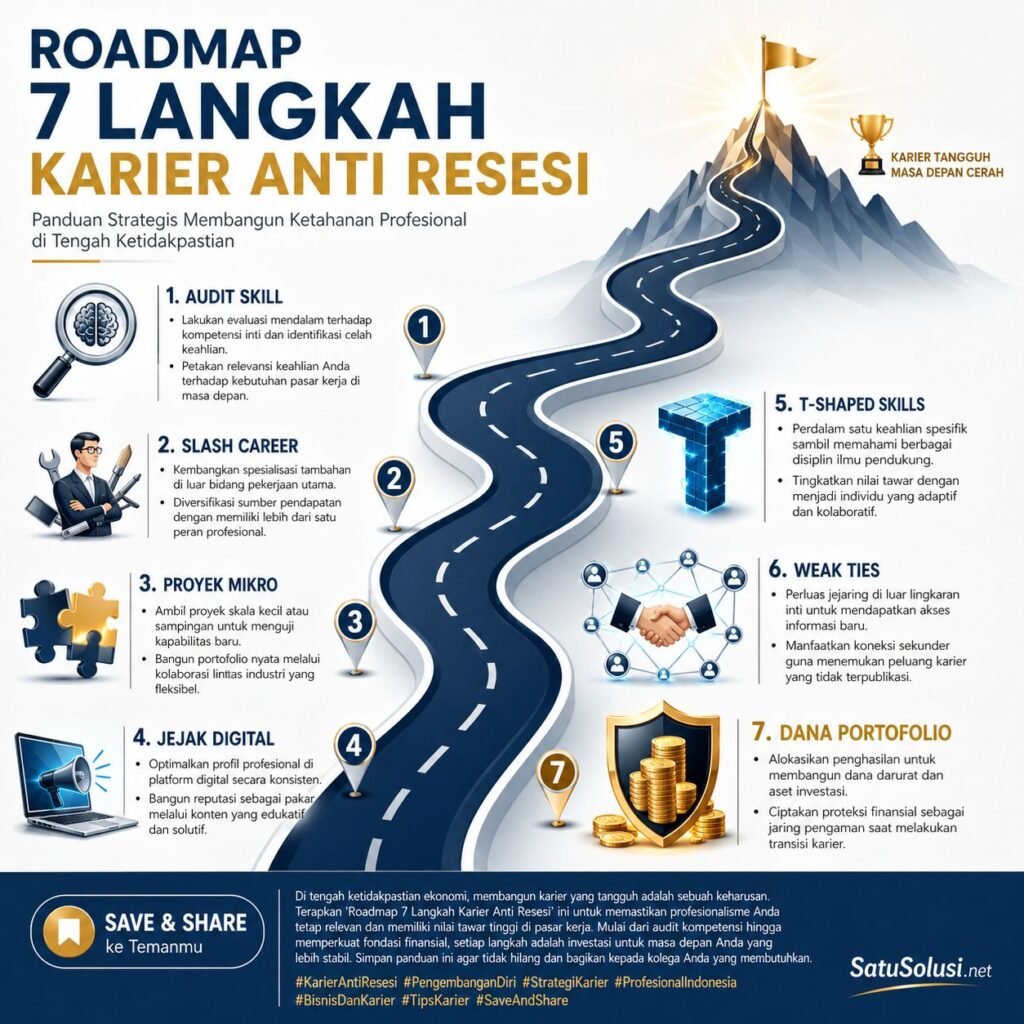 7 Langkah Membangun Portofolio Karier Anti Resesi: Panduan Bertahan di Era Ketidakpastian 2 Peta jalan infografis 7 langkah strategis membangun portofolio karier anti resesi dari audit keahlian hingga manajemen dana darurat.