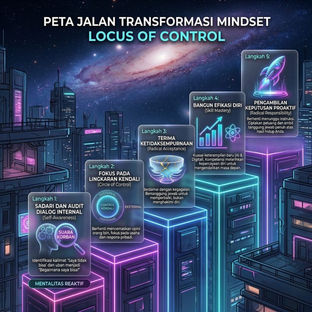 Infografis 5 langkah praktis membangun Mindset Locus of Control untuk sukses di era AI 2026.