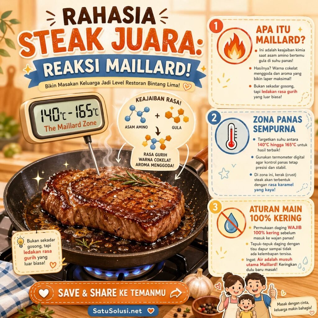 Ilustrasi infografis eksperimen dapur yang menjelaskan suhu optimal 140-165 derajat Celcius untuk mencapai reaksi Maillard sempurna pada permukaan daging kering.