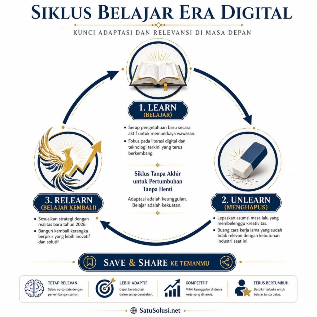 Diagram siklus mental belajar, melupakan, dan belajar kembali (Learn, Unlearn, Relearn) sebagai kunci kesuksesan seorang Fast Learner.