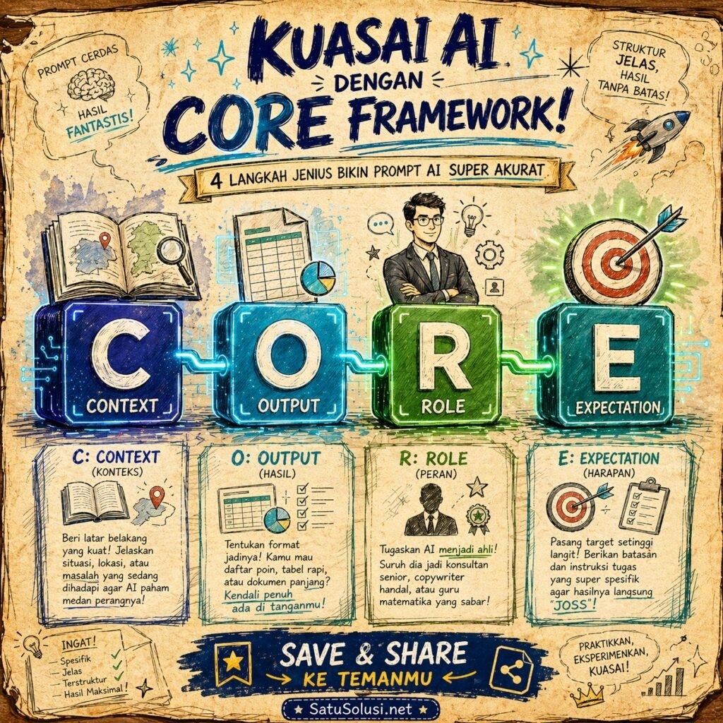 Infografis struktur framework CORE untuk prompt engineering yang terdiri dari Context (Konteks), Output (Format Keluaran), Role (Peran), dan Expectation (Ekspektasi Tugas) untuk memandu AI.