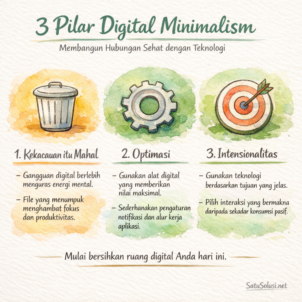 Diagram 3 pilar utama Digital Minimalism: Kekacauan itu Mahal, Optimasi, dan Intensionalitas untuk produktivitas 2026.