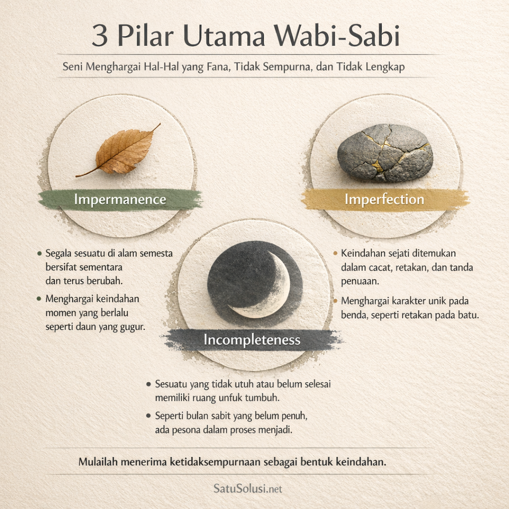 Infografis yang menjelaskan 3 pilar Wabi-Sabi: Ketidakkekalan, Ketidaksempurnaan, dan Ketidaklengkapan