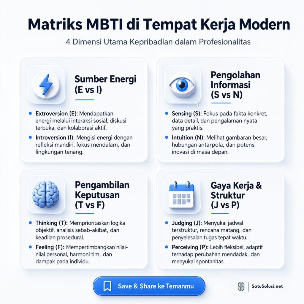 Ilustrasi matriks 4 dimensi tipe kepribadian karier MBTI untuk optimasi produktivitas.