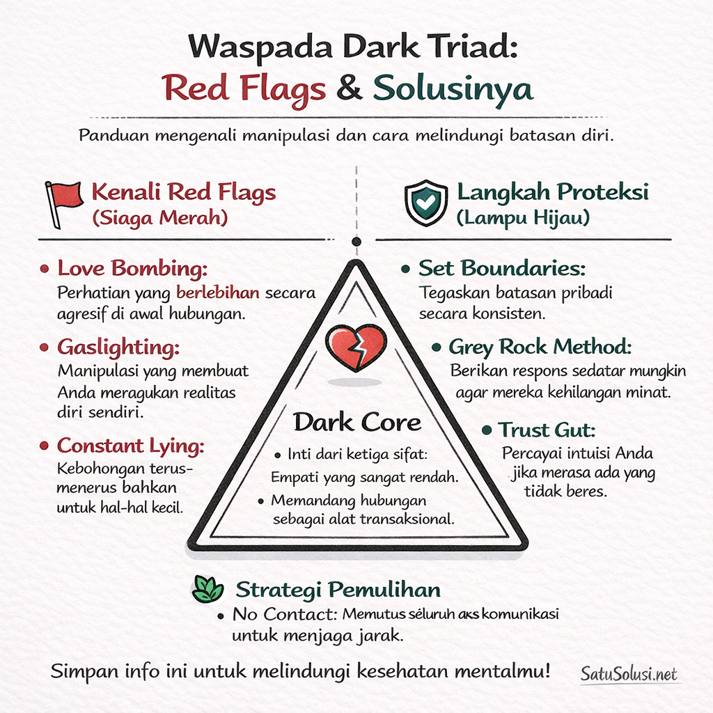 Waspada The Dark Triad Red Flags: Tabel perbandingan antara tanda bahaya kepribadian toksik dan langkah nyata untuk melindungi diri.
