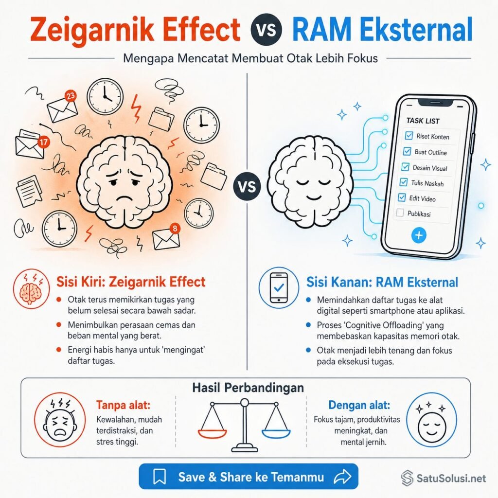 5 Aplikasi Produktivitas Gratis Terbaik: Hack Waktu Dua Kali Lebih Efisien 1 Ilustrasi 3D perbandingan Zeigarnik Effect di mana sisi otak kiri yang penuh memori daftar tugas terlihat stres dan terbakar, berlawanan dengan otak kanan yang tenang karena mengandalkan aplikasi produktivitas gratis digital.