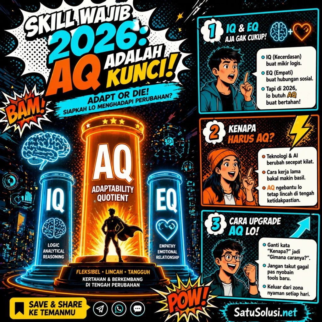 Infografis Blueprint Adaptability Quotient (AQ) 2026 yang membandingkan pentingnya AQ di atas IQ dan EQ untuk menjalankan Strategi Self-Improvement 2026