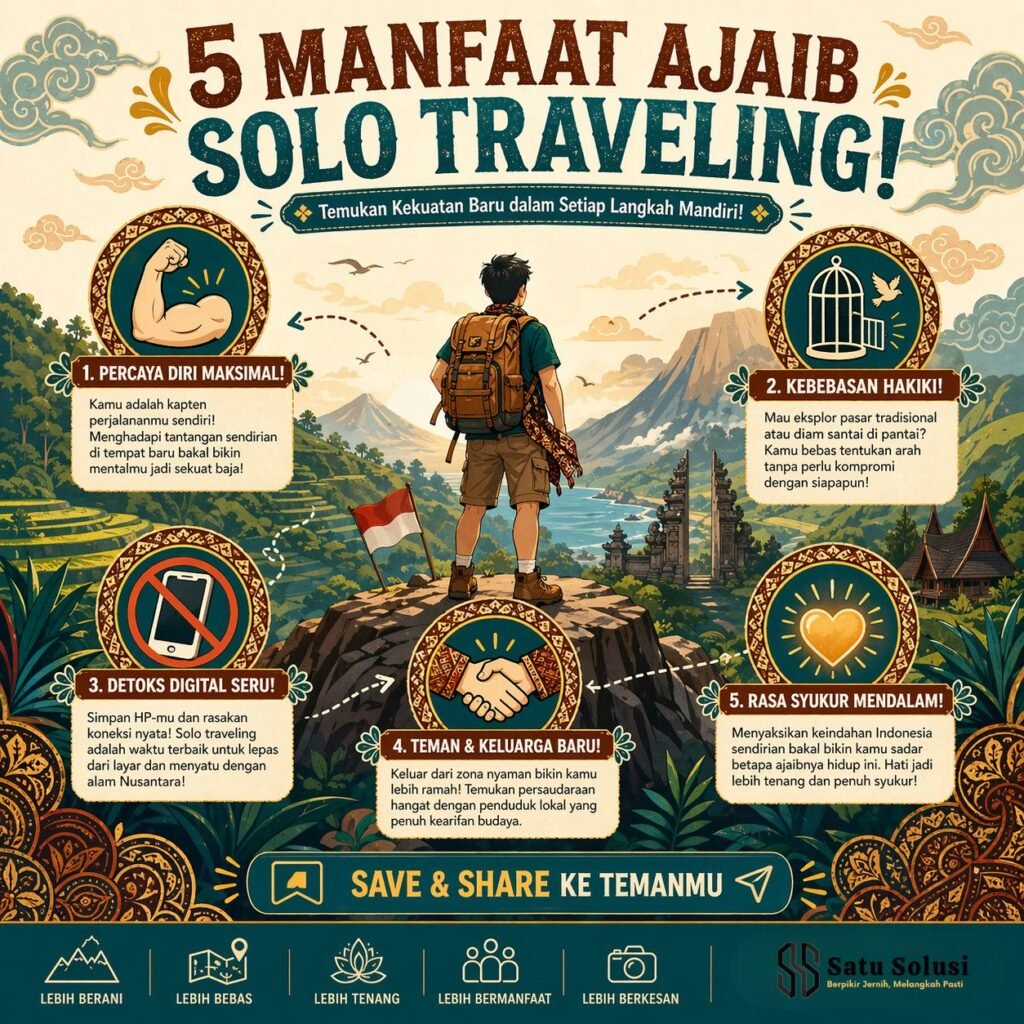 7 Alasan Ajaib Mengapa Solo Traveling Wajib Anda Coba Minimal Sekali Seumur Hidup 1 Infografis yang menjelaskan 5 manfaat psikologis solo traveling seperti membangun kepercayaan diri, kebebasan otonom, dan detoks digital.