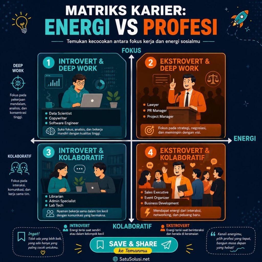 Diagram matriks kuadran karier yang memetakan bidang pekerjaan ideal, superpower, dan tantangan berdasarkan spektrum kepribadian introvert vs ekstrovert.