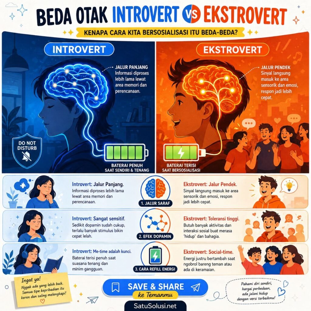 Infografis perbandingan anatomi otak introvert vs ekstrovert yang memvisualisasikan bagaimana sirkuit saraf introvert lebih sensitif terhadap dopamin sehingga cepat lelah, sedangkan ekstrovert membutuhkan lebih banyak stimulasi luar.