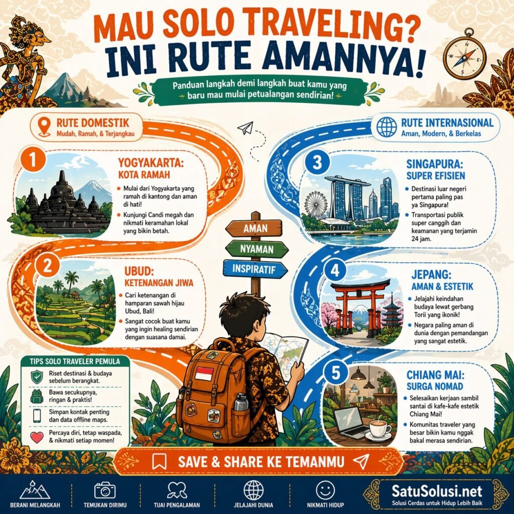 7 Alasan Ajaib Mengapa Solo Traveling Wajib Anda Coba Minimal Sekali Seumur Hidup 2 Infografis roadmap destinasi solo traveling aman untuk pemula mencakup Yogyakarta, Ubud, Singapura, Jepang, dan Chiang Mai.