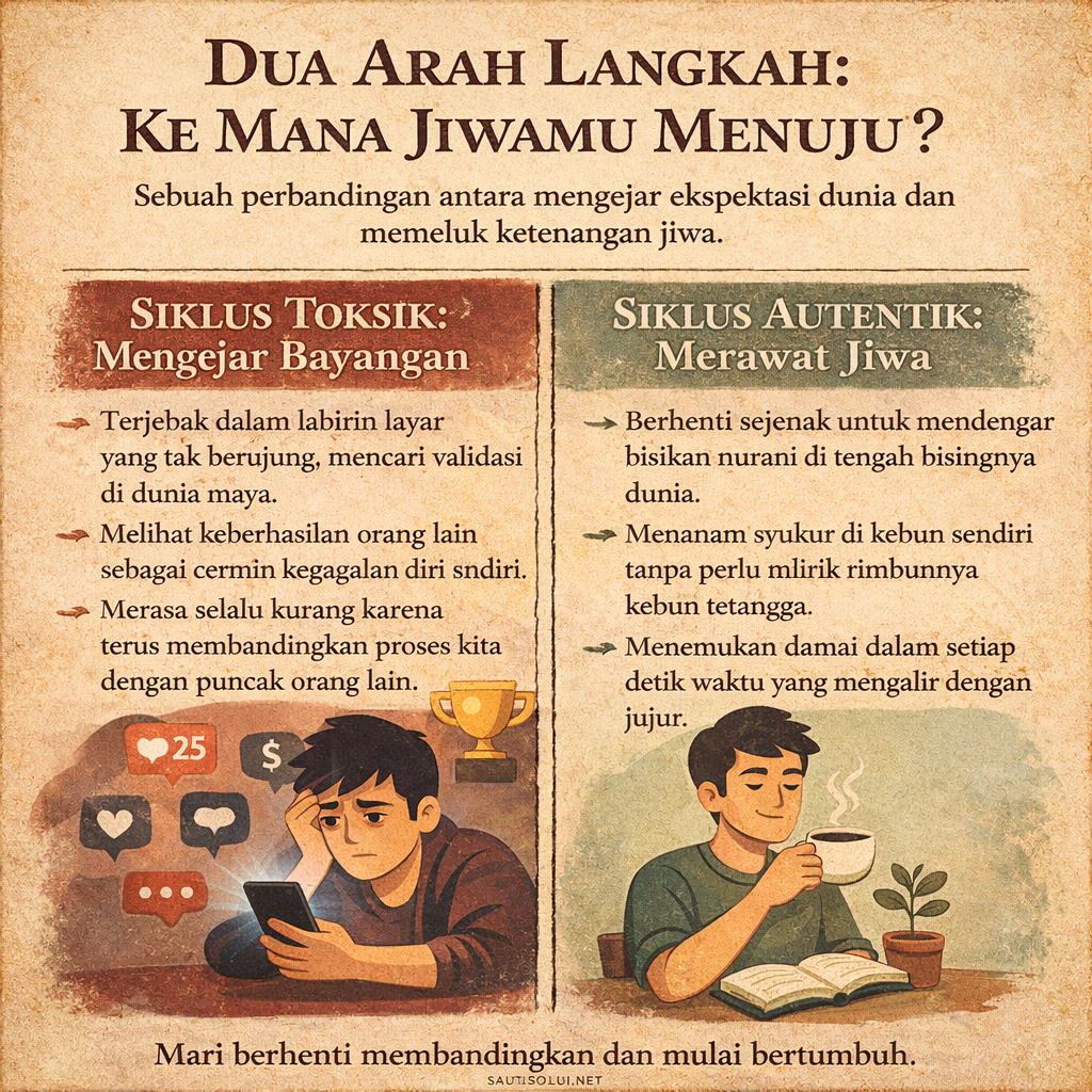 Hidup Tanpa Membandingkan: Jadi Diri Sendiri di Dunia yang Serba "Sempurna" 1 Ilustrasi perbandingan antara siklus membandingkan diri yang memicu cemas dengan siklus penerimaan diri yang membawa kedamaian.