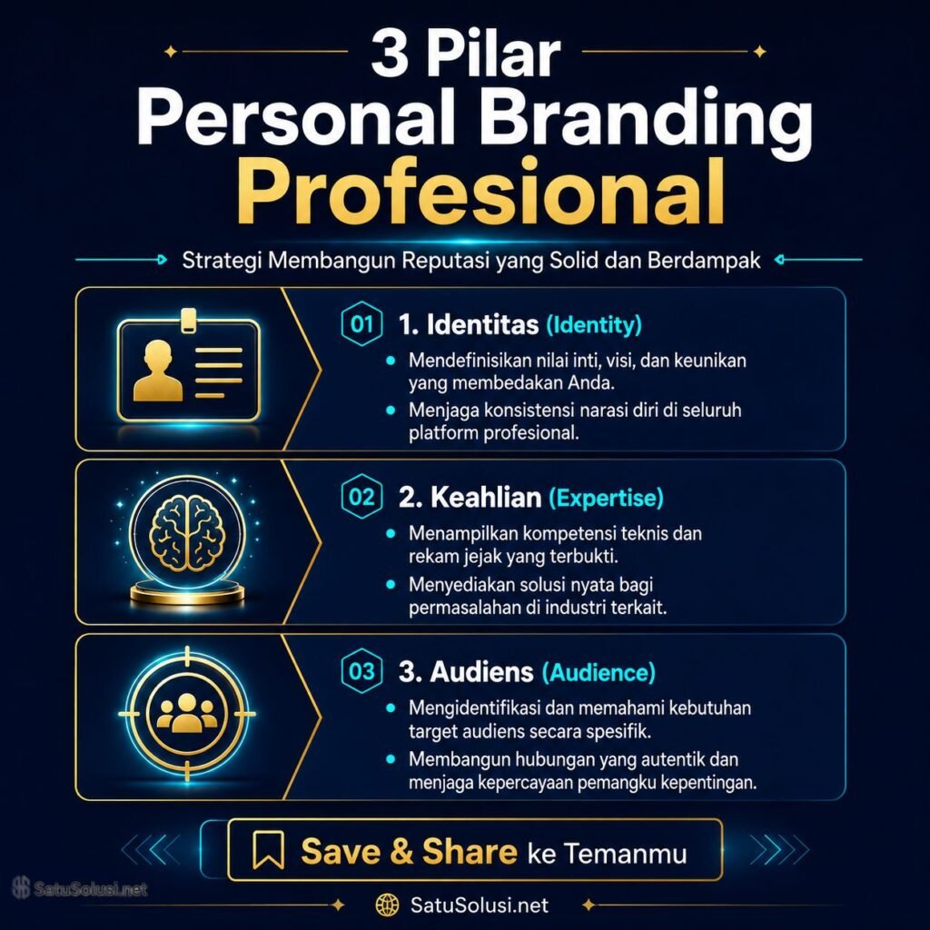 Personal Branding Profesional: Bangun Otoritas & Portofolio Digital 1 tiga pilar personal branding profesional: identitas, keahlian, dan audiens