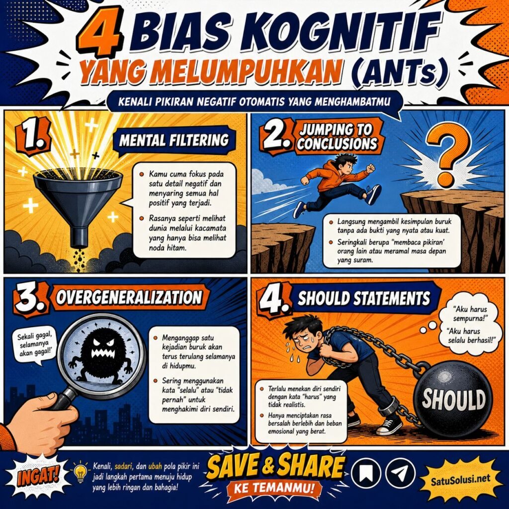 Mengubah Cara Berpikir Negatif Jadi Motor Penggerak Hidup (The Ultimate Guide) 1 Infografis 4 bias kognitif atau jalan pintas logika yang menyebabkan pikiran otomatis negatif (ANTs) seperti penyaringan mental dan generalisasi berlebihan agar dapat mengubah cara berpikir negatif.