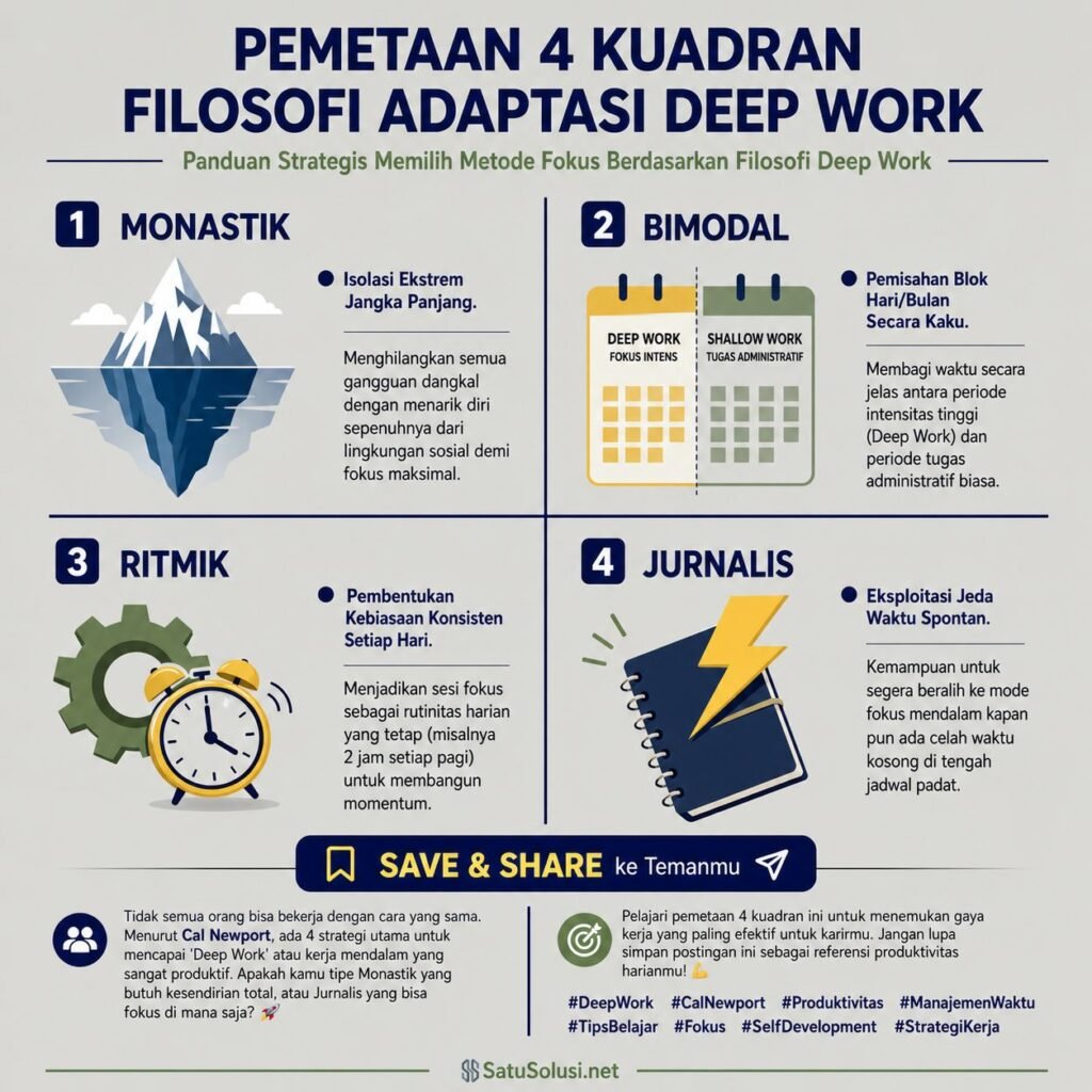 Deep Work vs Busy Work: 7 Langkah Ultimate Menguasai Fokus di Era AI 2026 2 Visualisasi grafis dari empat filosofi penjadwalan Deep Work vs Busy Work yang diklasifikasikan berdasarkan kerangka kerja psikologis Cal Newport.