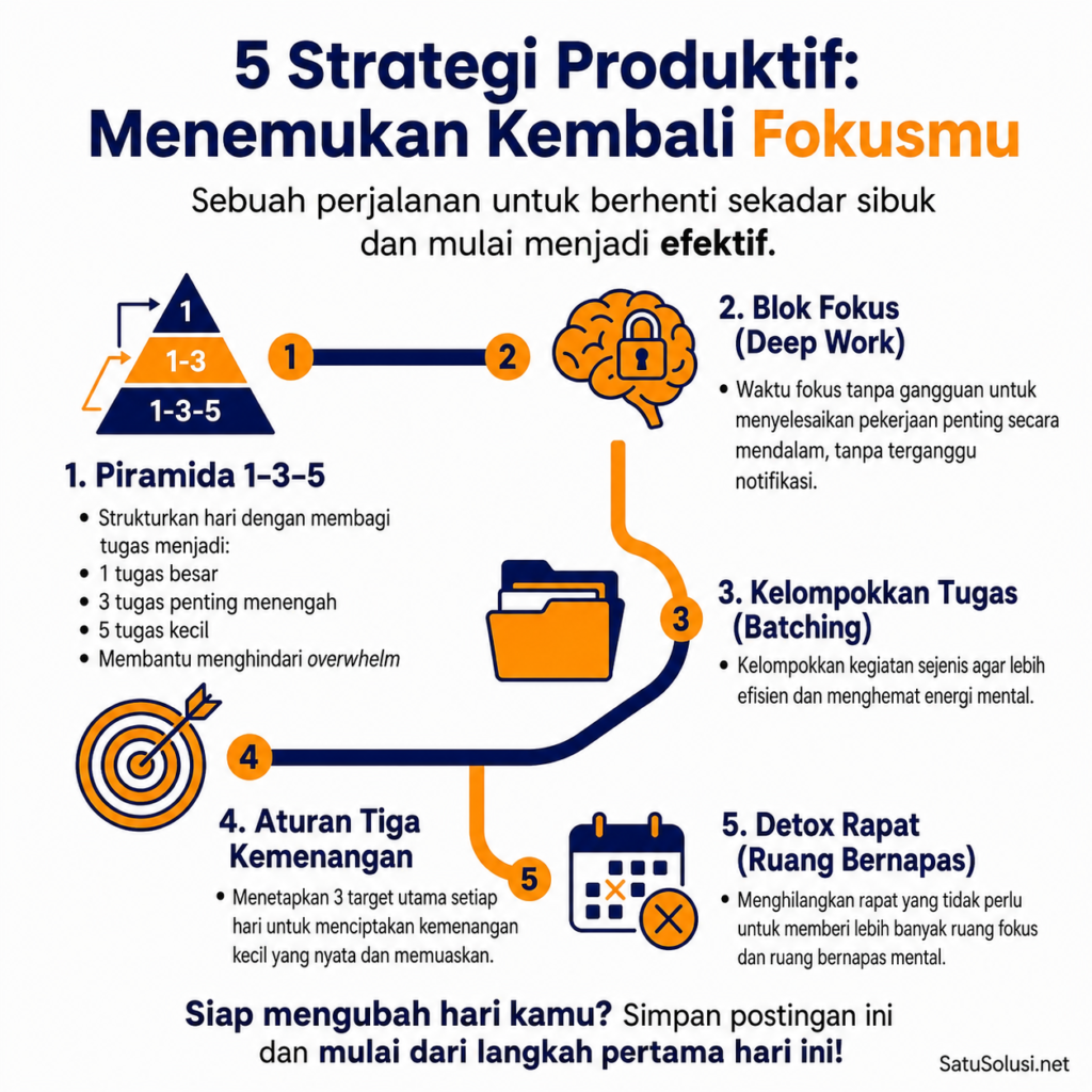 Bukan Sibuk Tapi Produktif: Bedanya Ada di Sini 2 Infografis roadmap 5 strategi praktis untuk meningkatkan produktivitas harian melalui metode 1-3-5, deep work, dan batching yang menjadikan bukan sibuk tapi produktif.