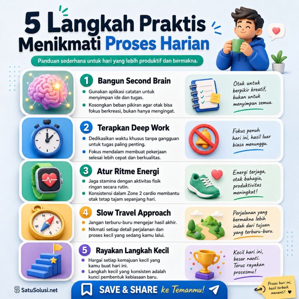 5 Rahasia untuk Menikmati Proses: Hidup Harmonis dan Bebas Stres 2 Panduan 5 langkah praktis harian untuk menguasai seni menikmati proses, mulai dari deep work hingga manajemen otak digital.