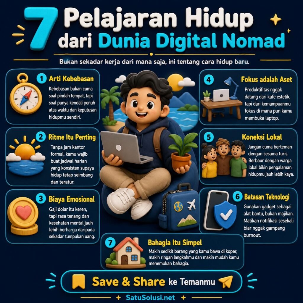 7 Pelajaran Hidup dari “Digital Nomad” yang Kembali ke Desa: Bahagia Itu Sederhana 1 Infografis pelajaran hidup digital nomad tentang kebebasan, ritme, komunitas, dan bahagia sederhana