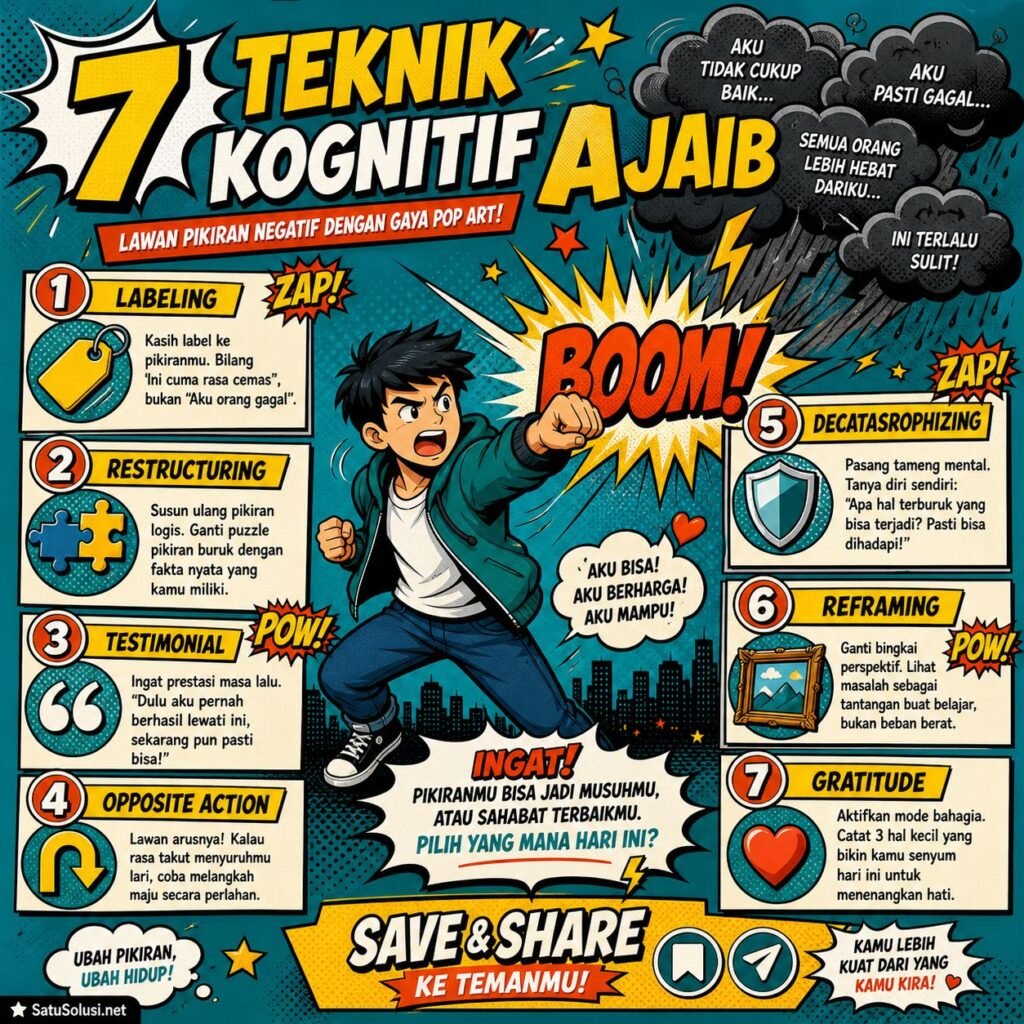 Mengubah Cara Berpikir Negatif Jadi Motor Penggerak Hidup (The Ultimate Guide) 2 Langkah-langkah praktis 7 teknik kognitif ajaib dari Cognitive Behavioral Therapy untuk memprogram ulang otak agar dapat mengubah cara berpikir negatif.