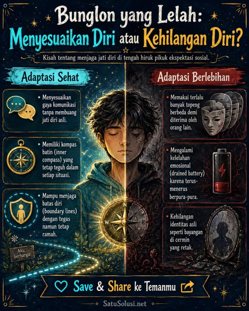 Psikologi “Social Chameleon”: Apakah Adaptasi Berlebihan Menghilangkan Jati Diri? 1 Infografis psikologi social chameleon tentang perbedaan adaptasi sehat dan adaptasi berlebihan