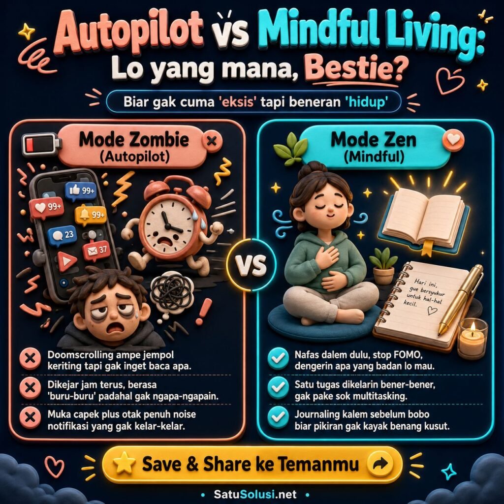 Hidup dengan Sadar: 7 Langkah Practical untuk Ketenangan Sejati 1 Perbandingan autopilot dan hidup dengan sadar untuk kesehatan mental