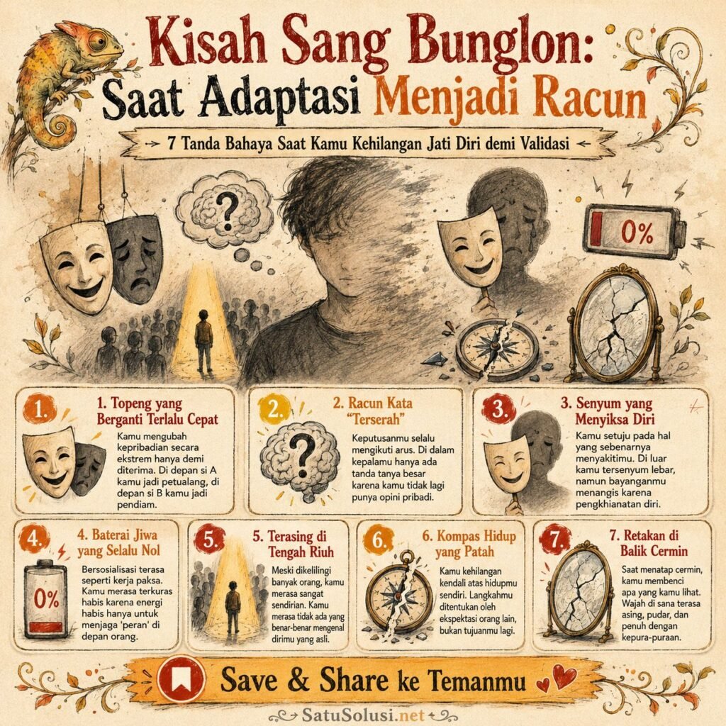 Psikologi “Social Chameleon”: Apakah Adaptasi Berlebihan Menghilangkan Jati Diri? 2 Infografis 7 tanda peringatan psikologi social chameleon mulai menghancurkan identitas dan jati diri Anda.