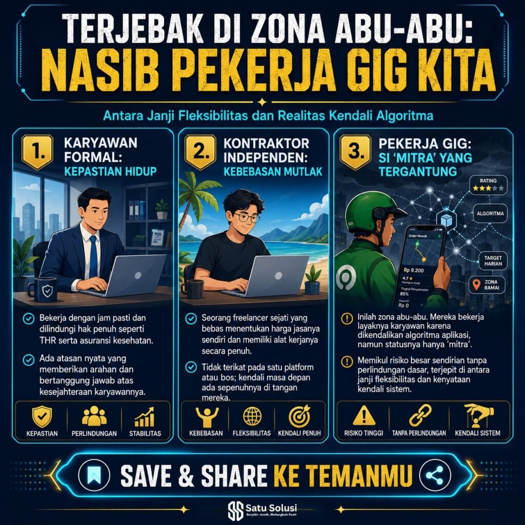 Model Regulasi Hybrid 2026: Dampak dan Peluangnya bagi Keamanan Sosial Pekerja Gig Economy Indonesia 1 zona abu-abu pekerja gig economy dalam model regulasi hybrid 2026