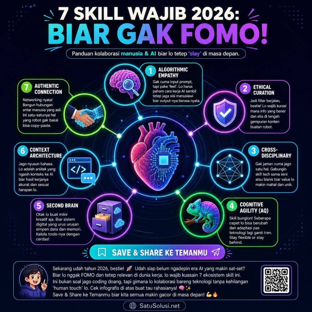 7 Powerful Skills AI-Augmented yang Membuat Anda Tak Tergantikan oleh Robot di 2026 2 Diagram radar futuristik yang memetakan tujuh skill ai-augmented krusial yang wajib dikuasai profesional di tahun 2026 agar tidak tergantikan.