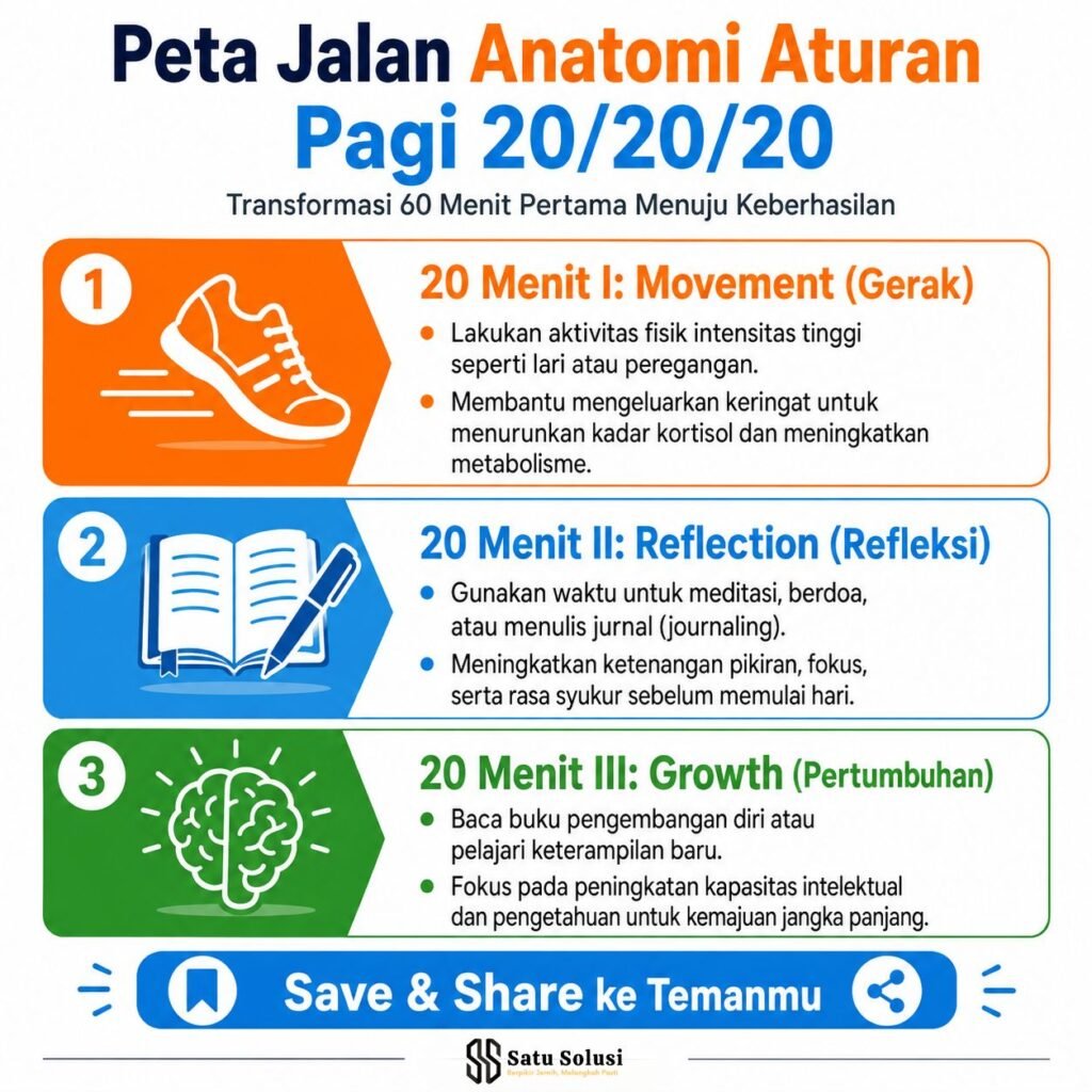 Rutinitas Pagi Produktif Orang Sukses: Panduan Energy Management dan Deep Work 2 Infografis visual panduan praktis 60 menit rutinitas pagi produktif orang sukses menggunakan metode pembagian blok waktu aksi 20/20/20.