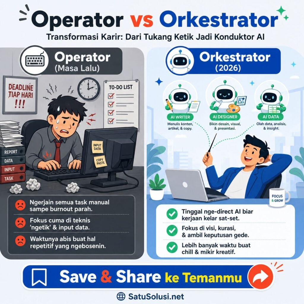 7 Powerful Skills AI-Augmented yang Membuat Anda Tak Tergantikan oleh Robot di 2026 1 Infografis perbandingan visual antara pekerja konvensional dan orkestrator yang memiliki skill ai-augmented di era digital.
