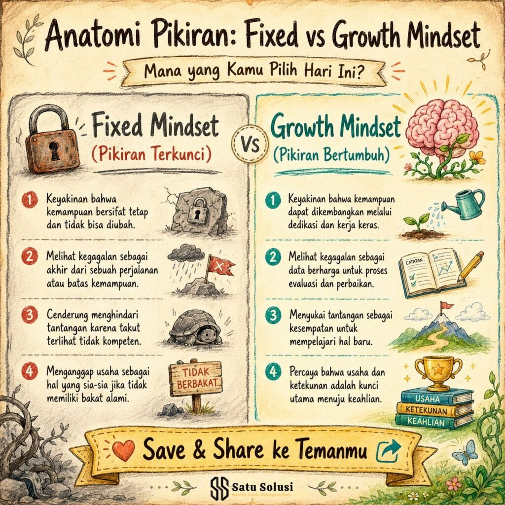 The Power of Yet: Kunci Tersembunyi dari Orang-Orang Tangguh 1 Tabel infografis perbandingan antara pola pikir tetap (fixed mindset) versus pola pikir berkembang menggunakan prinsip the power of yet.