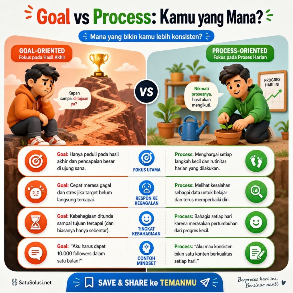 5 Rahasia untuk Menikmati Proses: Hidup Harmonis dan Bebas Stres 1 Tabel komparasi visual antara pola pikir Goal-Oriented yang memicu stres versus Process-Oriented dalam seni menikmati proses yang menenangkan.