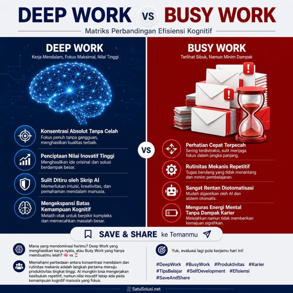 Deep Work vs Busy Work: 7 Langkah Ultimate Menguasai Fokus di Era AI 2026 1 Infografis berbentuk tabel perbandingan komprehensif membedah karakteristik utama pembeda antara strategi Deep Work vs Busy Work dalam alur produktivitas kerja korporat.