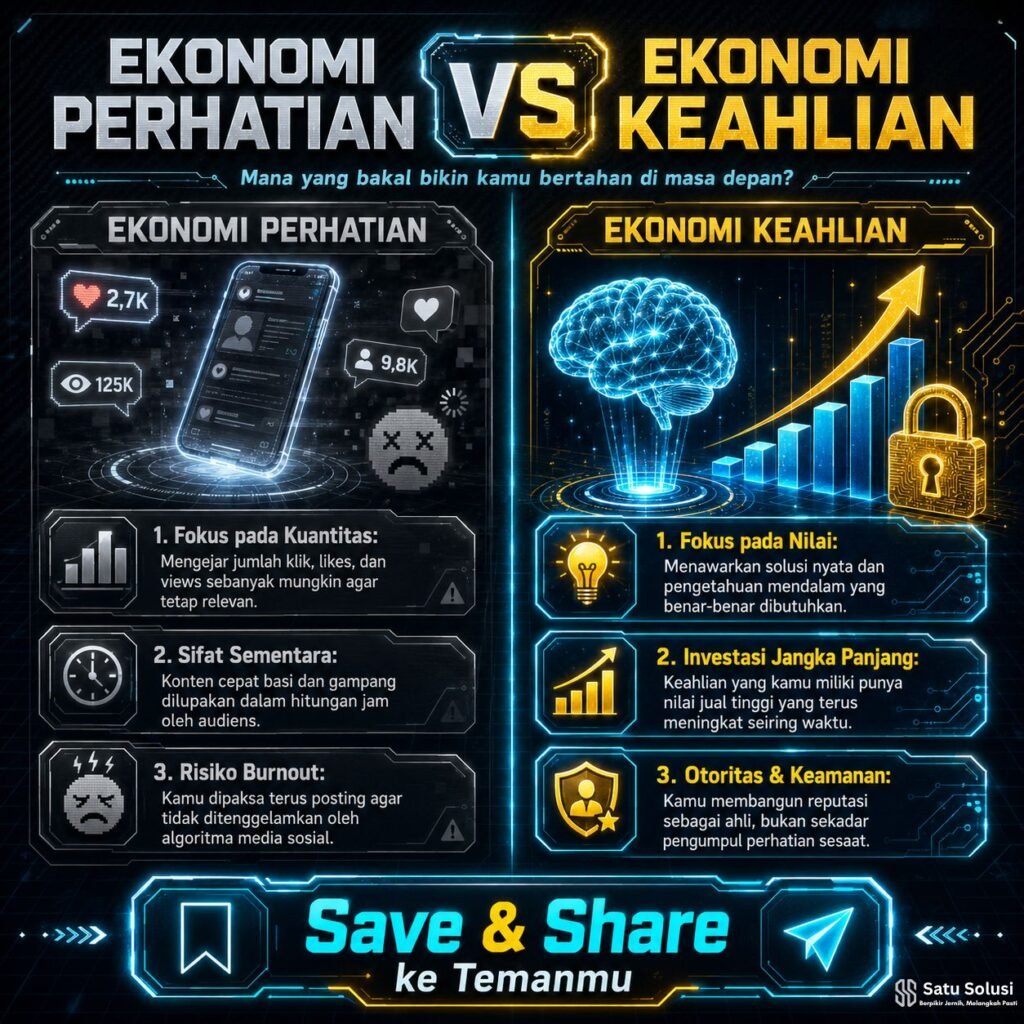 Cara Bangun Income Online Tanpa Harus Jadi Influencer: Blueprint 2026 1 Infografis tabel perbandingan mendalam antara kerentanan ekonomi perhatian di media sosial versus stabilitas ekonomi keahlian untuk membangun income online tanpa jadi influencer.