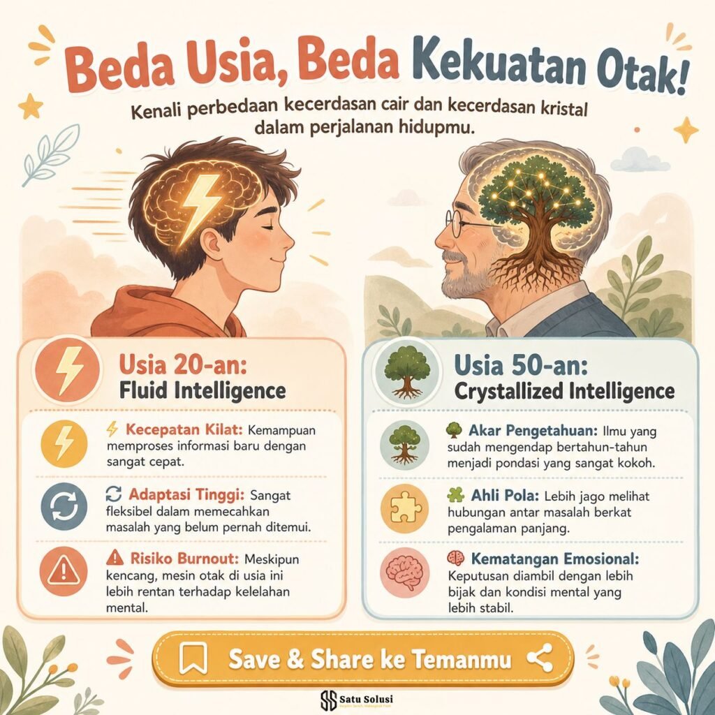 Kisah Inspiratif "Late Bloomers": Mengapa Sukses di Usia 50 Tahun Tetap Luar Biasa 1 Infografis perbandingan kecerdasan manusia yang membuktikan keuntungan sukses di usia 50 tahun berbasis pengalaman (Crystallized Intelligence) dibanding usia muda.