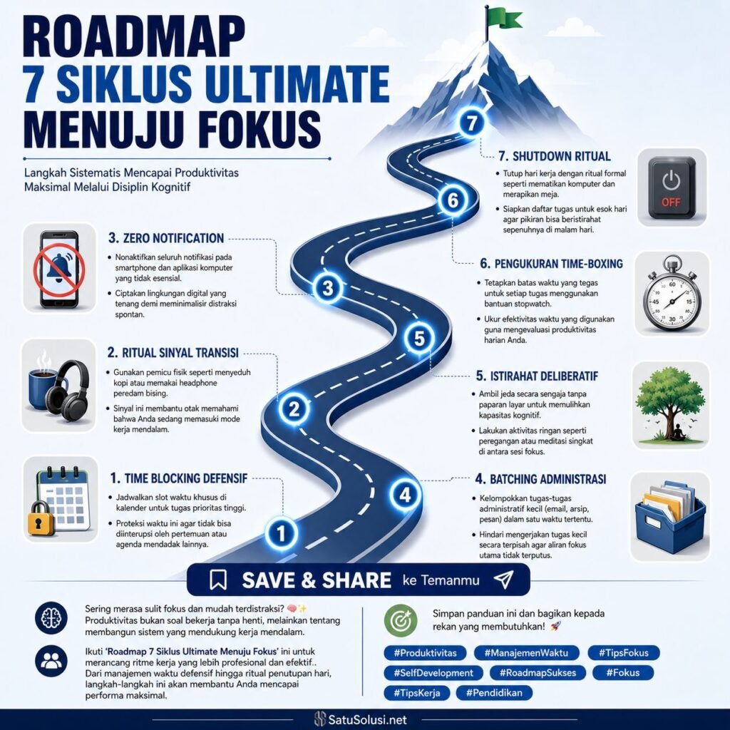 Deep Work vs Busy Work: 7 Langkah Ultimate Menguasai Fokus di Era AI 2026 3 Roadmap visual 7 langkah taktis merancang rutinitas Deep Work vs Busy Work untuk mengoptimalkan output produktivitas di tempat kerja.