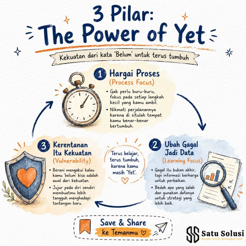 The Power of Yet: Kunci Tersembunyi dari Orang-Orang Tangguh 2 Infografis siklus melingkar yang menjabarkan tiga pilar penerapan the power of yet, mulai dari fokus proses, pembelajaran, hingga penerimaan kerentanan diri.
