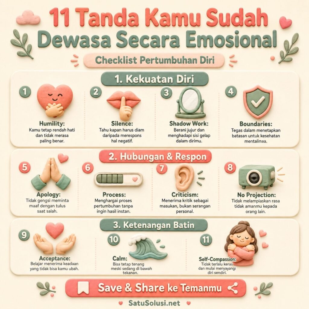 Infografis emotional maturity berisi 11 tanda kedewasaan emosional yang sering disalahartikan.
