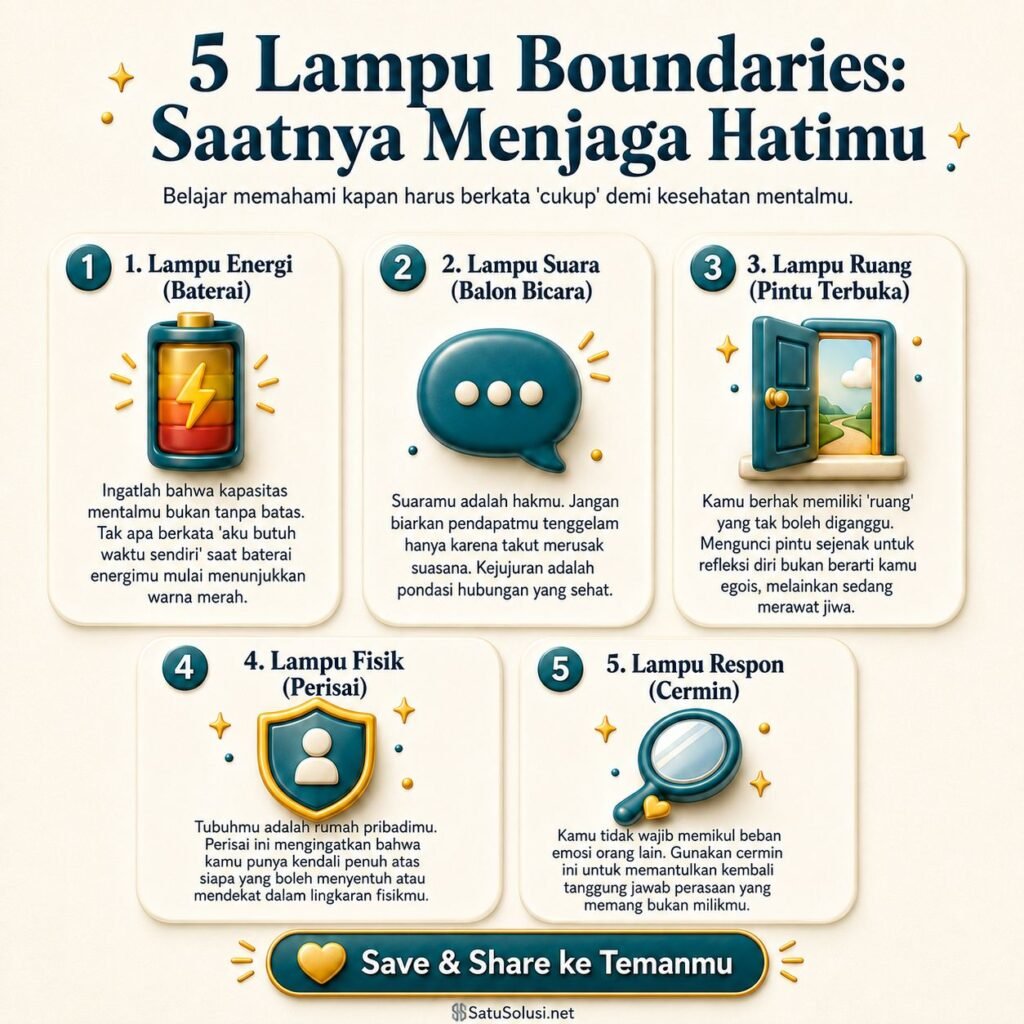 Infografis boundaries sehat dalam relasi dengan lima lampu indikator energi, suara, ruang, tubuh, dan respons.