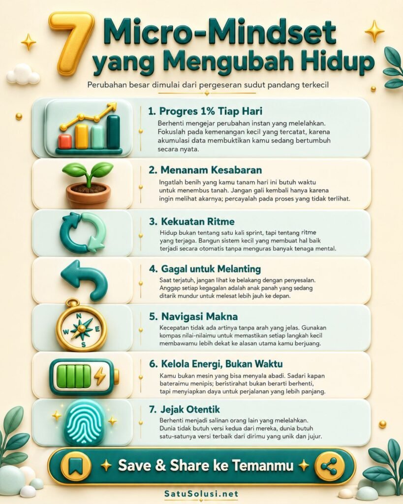 7 Micro-Mindset yang Diam-Diam Mengubah Arah Hidup 1 7 micro-mindset mengubah hidup dalam infografis vertikal