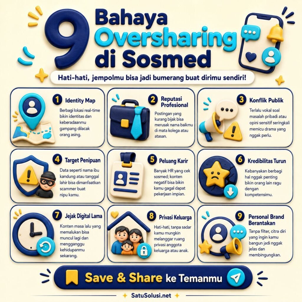 Infografis 9 risiko oversharing online terhadap reputasi dan keamanan pribadi