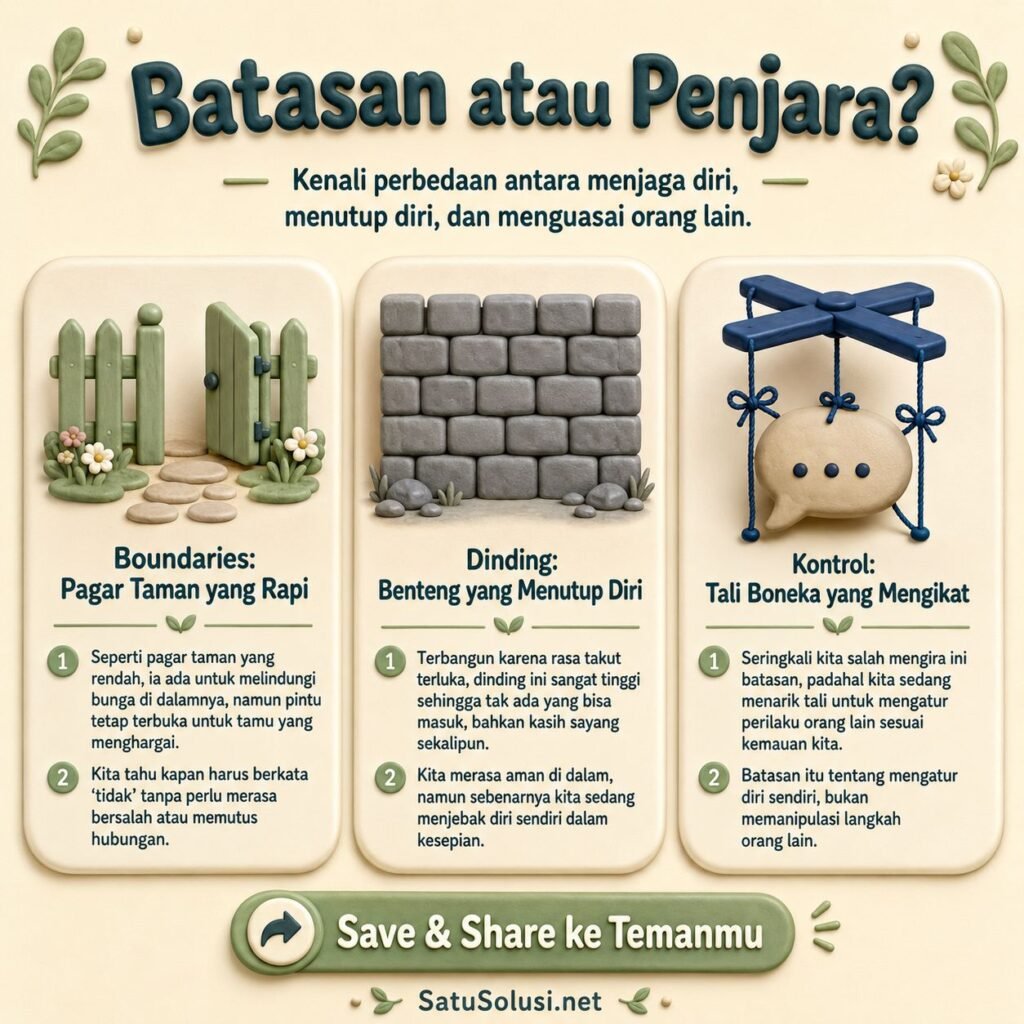 Infografis boundaries sehat dalam relasi yang membedakan batas sehat, dinding emosional, dan kontrol.