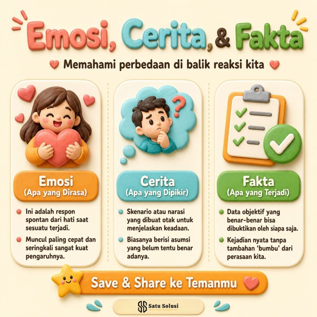 Infografis pola emosi dewasa tentang membedakan emosi cerita dan fakta