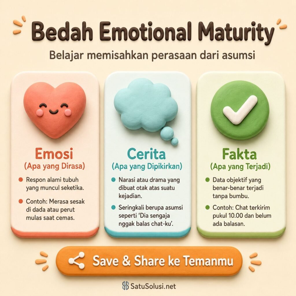 Infografis emotional maturity tentang membedakan emosi, cerita, dan fakta.
