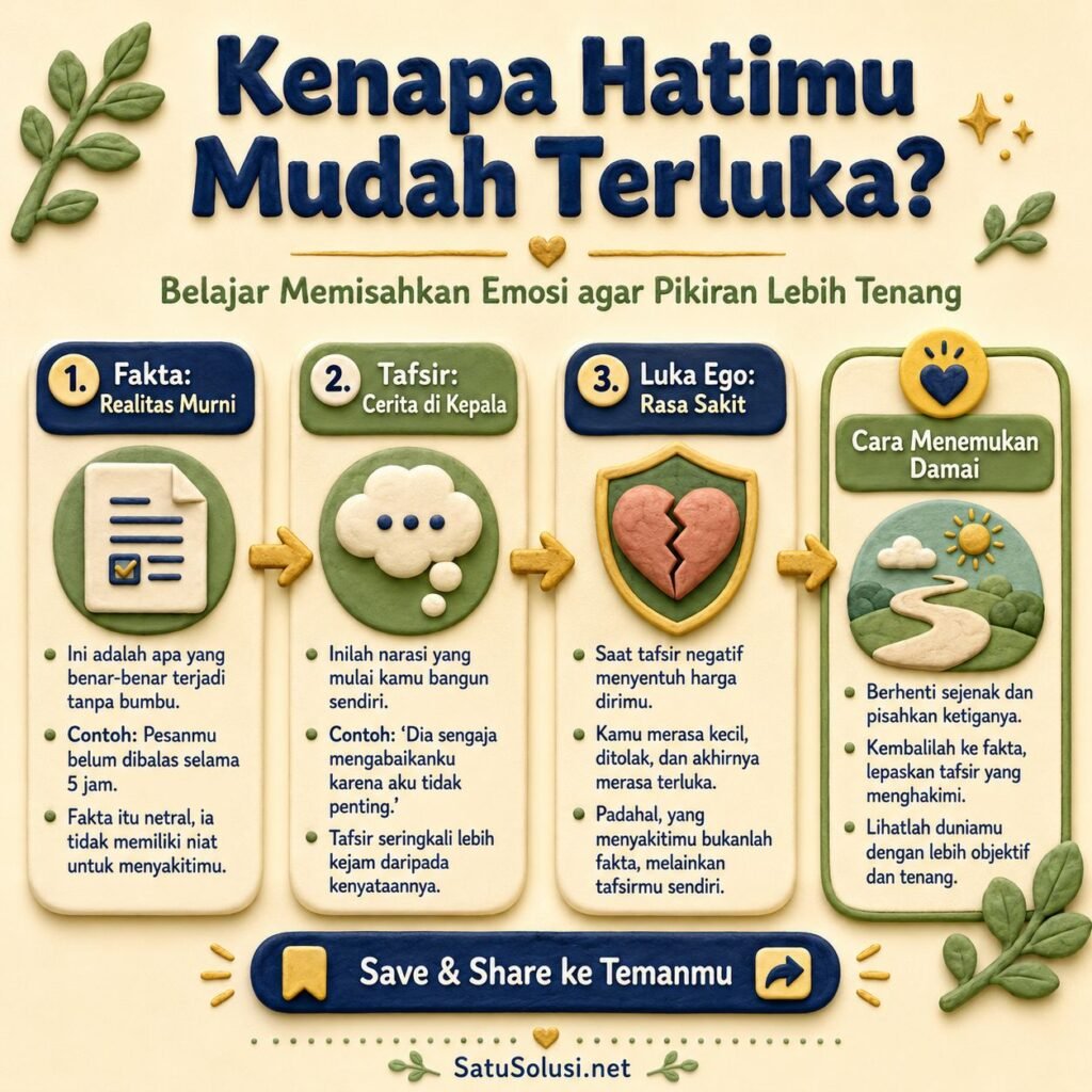 Infografis melatih mental lentur saat rencana gagal dengan memisahkan fakta tafsir dan luka ego.