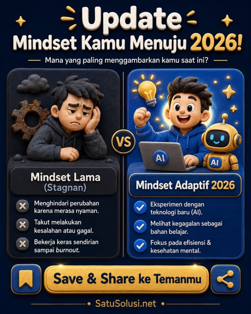 7 Mindset Adaptif 2026: Cara Tetap Relevan Saat Dunia Berubah Makin Cepat 1 Perbandingan mindset lama dan mindset adaptif 2026 dalam karier, skill, teknologi, dan kesehatan mental