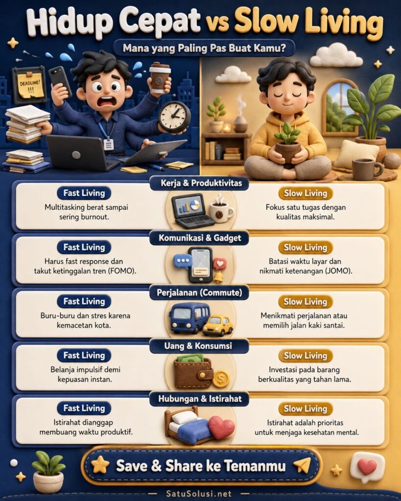 Infografis slow living di kota besar dibandingkan dengan pola hidup cepat