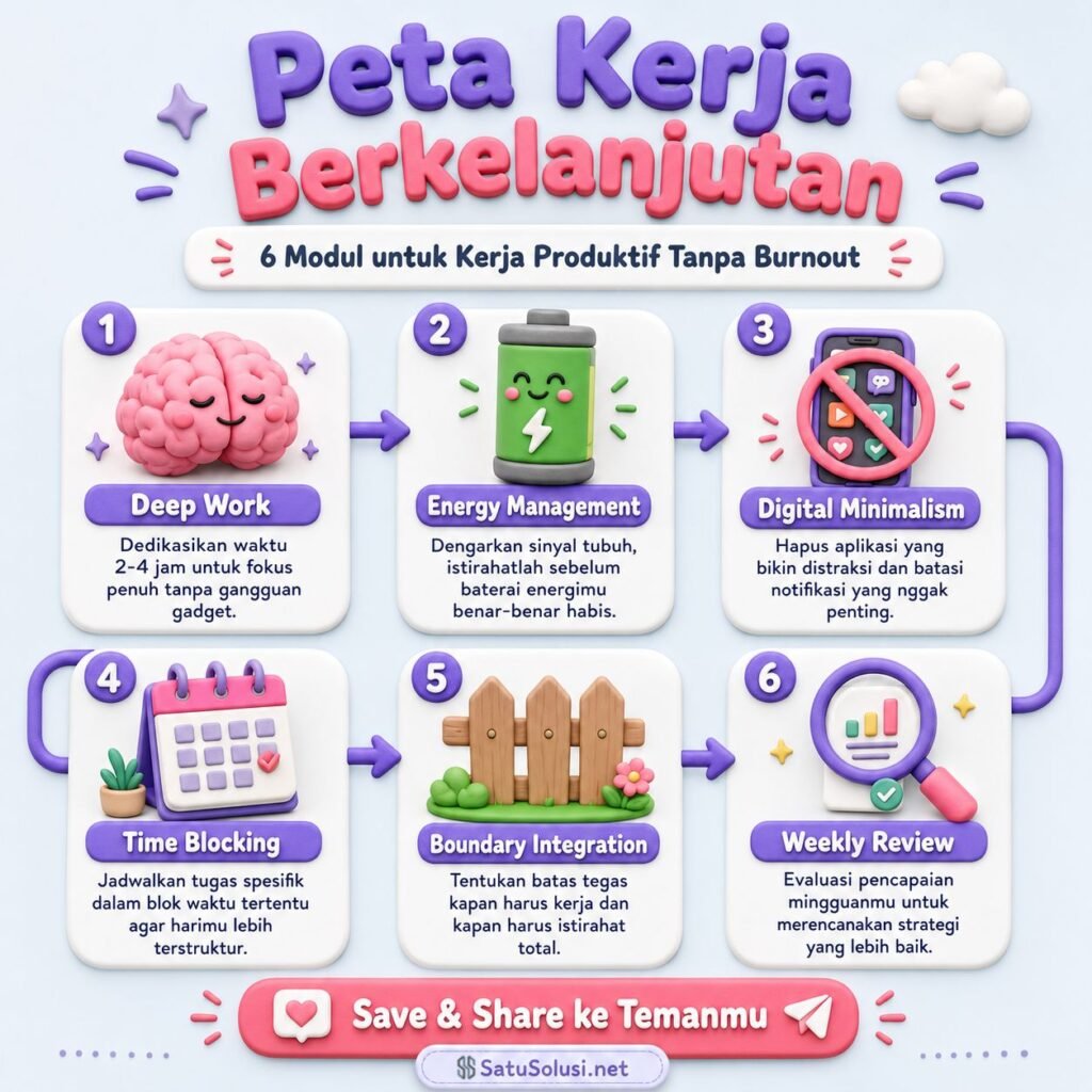 Sistem Kerja Berkelanjutan untuk Hidup Seimbang 1 Infografis sistem kerja berkelanjutan untuk hidup seimbang dengan enam pilar produktivitas sehat